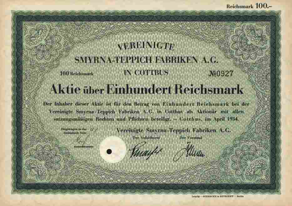 Vereinigte SMYRNA Teppich AG 1934 Cottbus Schmiedeberg Vereinigte SMYRNA Teppich AG 1934 Cottbus Schmiedeberg